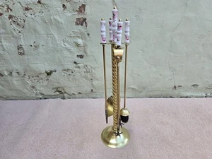Brass Barley Twist Companion Set With Porcelain Handles Freestanding - Picture 1 of 19