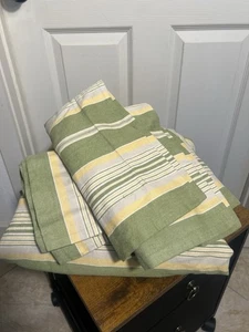 POTTERY BARN VTG MCM Stripe Queen Duvet & 2 Shams Cases Linen Cotton Green Tan - Picture 1 of 3
