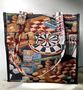 Tote Bag Lined Multi-Color Casino Pattern Upholstery Fabric w Coin Purse 11-1/2" - Picture 1 of 8