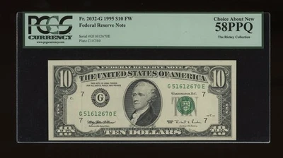 DBR 1995 $10 FRN Chicago Fr. 2032-G PCGS 58 PPQ Serial G51612670E - Image 1 of 2