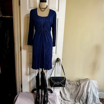 Connected Women’sY2K Royal Blue Pleated Stretch Overlay Lettuce Hem Dress 12P - Image 1 of 4