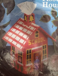 Kelly's 1707 School House tissue box-plastic canvas kit, yarn needlework, NEW - Picture 1 of 3
