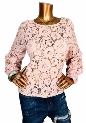 Banana Republic M 上衣全新带标签浅粉色全蕾丝贝壳衬衫花卉 3/4 Slvs Crew — 第 1/4 张图片