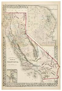 S Augustus Mitchell: County Map of the State of California 1872 **ANTIQUE