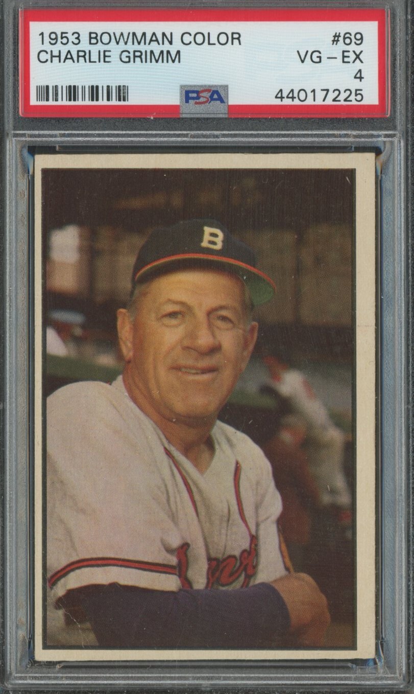 1953 Bowman Color #69 Charlie Grimm Milwaukee Braves PSA 4 VG-EX