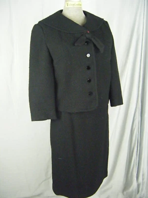 Jaqueta e saia BOBBIE BROOKS vintage anos 60 preta Boucle lã arco busto 37/cintura 24 - Imagem 1 de 4