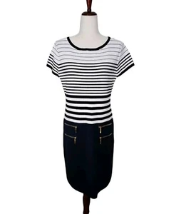 Carmen Marc Valvo Size Large Knit Sweater Short Sleeve Striped Zipper Dress NEW - Picture 1 of 8