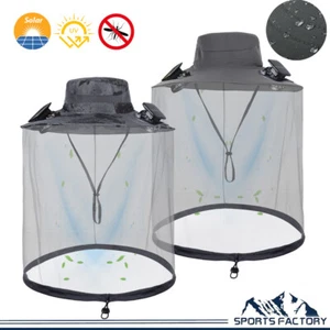 Solar & USB Fan Hat With Mosquito Head Net Wide Brim Outdoor Fishing Sun Hat Men - Picture 1 of 12
