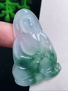 Translucent Icy Floral Green Jadeite Jade Pendant Kwan yin 0330 - Picture 1 of 6
