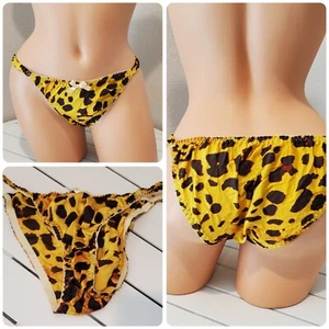 Double SILK String Bikini Panty 7/L Leopard PRINT Sunshine Yellow Satin Girly - Picture 1 of 7