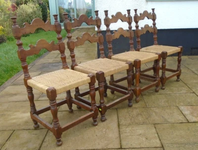 Set 4 / 5 Vintage Oak Ladder Back Kitchen Dining Chair String Weave Seat Country - Image 1 of 4