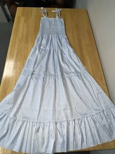 Boho Blue White Stripe Bow Preppy Maxi Smocked Dress NEW NWT Rosedress Small - Picture 1 of 19