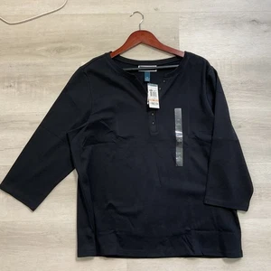 Karen Scott neu mit Etikett reine Baumwolle Dreiviertel Knopfleiste Ärmel T-Shirt schwarz 2X - Bild 1 von 10