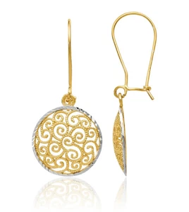 14K Solid Two Tone Gold Filigree Dangle Earrings - Picture 1 of 11