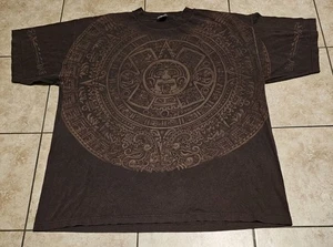 Vintage All Over Print Mexican Aztec Warrior Death T Shirt XXL 90s - Picture 1 of 5