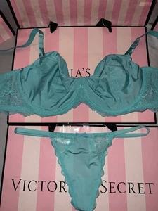 Victoria's Secret Satin Bra Dream Angels 38DD Large V-String Thong Teal - Picture 1 of 4
