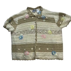 Vintage Cervelle Crochet Knit Button Up Cardigan Beige Cream Floral Applique 3X - Picture 1 of 14