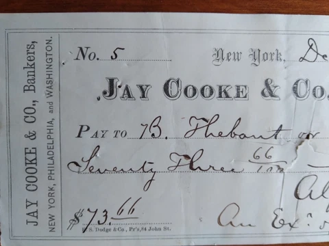 Lot 5 Old Bank Checks 1869-1900 NY NJ, JAY COOKE,JOHN CISCO Revenue stamps, Used Cover