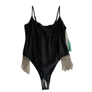 Fashion Nova Badeanzug 2X Schwarz Strass Diamanten Fransen Einteiler Neu - Bild 1 von 14