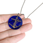 Anchor Symbol Blue Round Glass Pendant Silver Chain Necklace