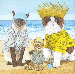 Z003# 3 servilletas de papel pequeñas individuales para decoupage divertidos sombreros de gato playa mar - Imagen 1 de 9