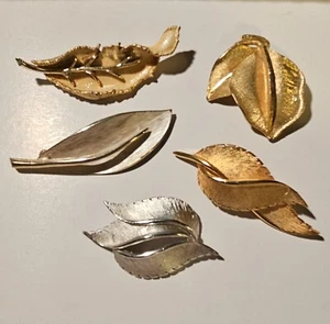 Lot Of 5 Vintage Goldtone and Silvertone Enameled Leaf Pins - Picture 1 of 3