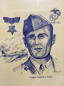 1982 U.S. Marine Corps Memorial Captain Joseph J. Foss VMF-121 Drawing Print - Picture 1 of 6