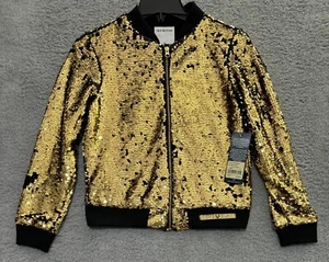 NEW True Religion Black Gold Sequin Bomber Jacket Womens Medium TR848JK49 - Picture 1 of 11