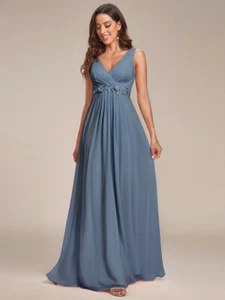 Women's Floral Applique Sleeveless Chiffon Long Evening Dress (&Plus Size) - Picture 1 of 34