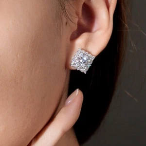Silver platinum made with SWAROVSKI crystal square luxury stud earrings - Picture 1 of 4