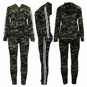 Womens Camouflage Print Tracksuit Side Stripe Top Jacket Lounge Leggings 2Pc Set - Picture 1 of 6