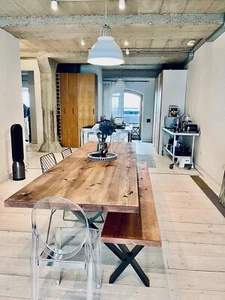 X Leg Dining Table Bench Industrial Rustic Kitchen Table Thick Wood Steel Legs - Picture 1 of 17