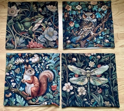 4x Folk~Botanical~Retro Style Cushion Covers~Squirrel~Frog~Owl~Dragonfly 45 X 45 - Image 1 of 4
