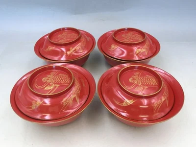 Antique Japanese Wooden Soup bowls Red Lacquer with Gold 4-Set MEIJI KOI fish - Image 1 of 4