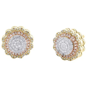 10K Tri-Color Gold Real Diamond 10mm Tiered Floral Flower Stud Earrings 0.28 CT - Picture 1 of 5