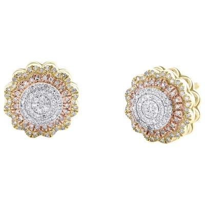 10K Tri-Color Gold Real Diamond 10mm Tiered Floral Flower Stud Earrings 0.28 CT - Image 1 of 4