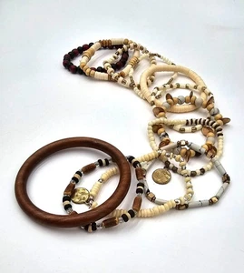 Boho Wooden Natural Gemstone & Bone Beaded Stretch Bracelets Stackable Lot of 12 - Picture 1 of 7