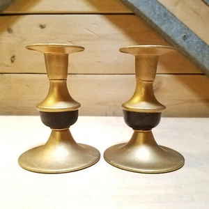 Pair Taper Candle Holders Black & Gold Toned Vtg - Swanky Barn - Picture 1 of 12