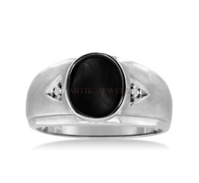 Natural Black Onyx Gemstone With 14K White Gold Plated Silver Ring for Men #1114 - Image 1 of 4