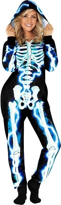 Womens Electric Skeleton Jumpsuit Ladies Blue Bone Frame Halloween Costume S-3XL - Image 1 of 4
