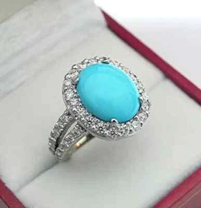 3.00Ct Oval Cut Lab Created Turquoise Halo Engagement Ring 14k White Gold Plated - Picture 1 of 4