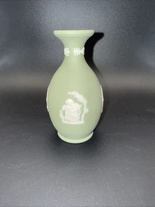 Vtg Wedgewood Sage Green Jasperware Bud Vase White Cameo Relief 5”Hx3”W - Picture 1 of 6