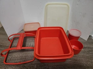 Contenitore Pranzo Vintage Arancione Tupperware Pack N Trasporto con Manico e Contenitori - Foto 1 di 3