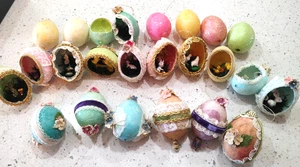 24 uova vuote decorate vintage VERO diorama uova scintillanti primavera Pasqua - Foto 1 di 16