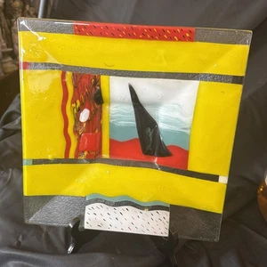 Verschmolzenes Kunstglas im Gehäuse signiert W 10 3/4 Zoll flache Schale quadratisch - Bild 1 von 6