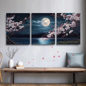 YokiMino Cherry Blossom Moon Lake Landscape Framed Canvas Wall Art Set of 3 Ja - Picture 1 of 9