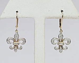 AWESOME 14k Fleur de Lis 0.30ctw. Diamond Drop Dangle Earrings - Picture 1 of 21