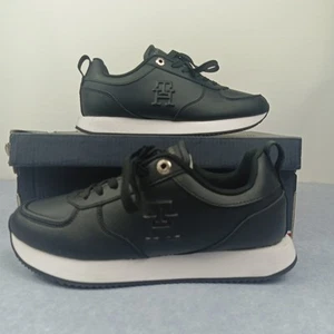 Tommy Hilfiger Leather Sneakers Women's Size 8 Black Low Top Casual Runners New - Picture 1 of 11