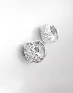 CLASSIC 18kt White Gold Plated Pave CZ Crystals Petite Huggie Hoop Earrings - Picture 1 of 6