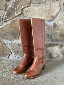 Vintage 70s Dex Dexter Campus Stacked Heel Cognac Leather Boots Need TLC 7.5